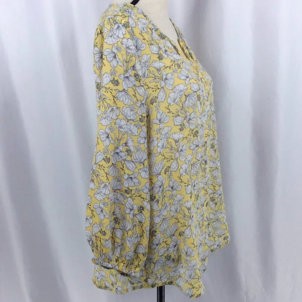 Liz Claiborne Women's Top‎ Large Yellow Floral Peasant Henley